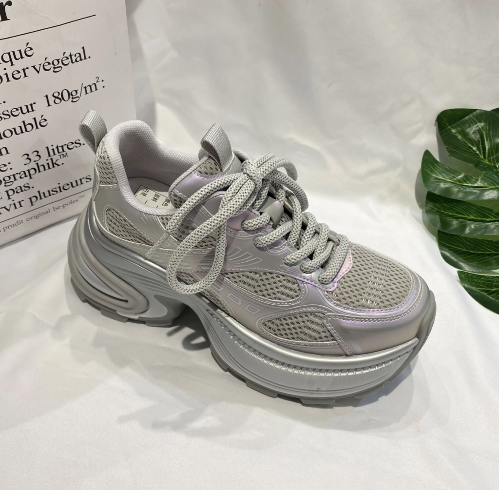 Silver Gray Chunky Mesh Platform Sneakers Fashion Sports